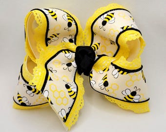 Bumblebee Hair Bow: Yellow Lace Edge, Spring Summer Clip