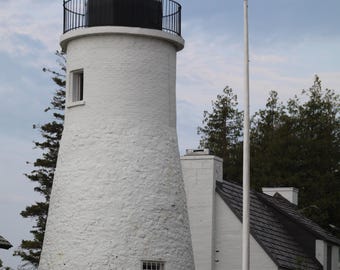 May include: A white lighthouse with a black lantern room and a black railing. The lighthouse is surrounded by trees and a white building with a black roof. There is a bench in front of the lighthouse.