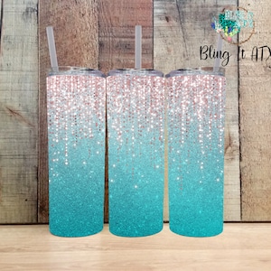 Teal and Silver Glitter 20 oz Skinny Tumbler Sublimation Designs
