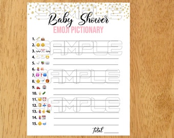 Baby Shower Game Pictionary, Emoji Pictionary baby shower game, Girl Baby shower games, Pink and Gold Baby Shower Games