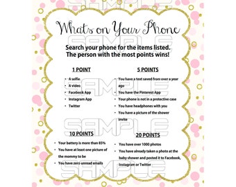 Pink and Gold Baby Shower Games, What's on Your Phone Baby Shower Game, Girl Baby Shower Games