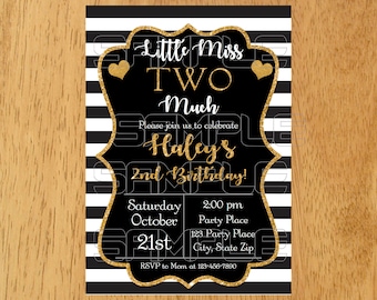 Little Miss Two Much Invitation, Black and Gold Second Birthday Invitation, Too Much Birthday Invitation, 2nd Birthday Invitation, Girl