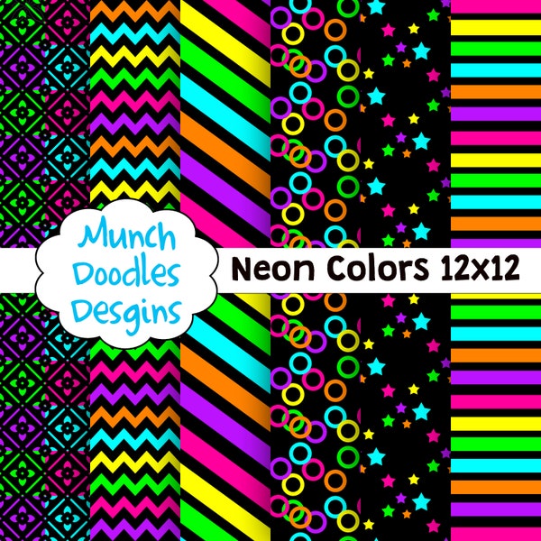 Neon Digital paper, Neon scrapbooking paper, fluorescent paper, neon party decor, fluorescent stripes, stars, circles, Neon light colors