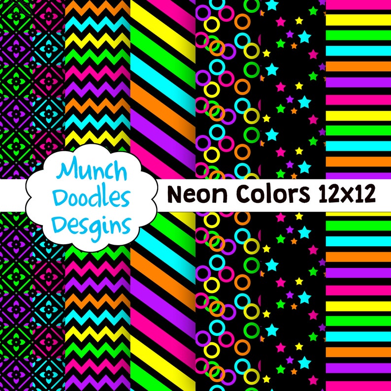 Neon Digital paper, Neon scrapbooking paper, fluorescent paper, neon party decor, fluorescent stripes, stars, circles, Neon light colors image 1