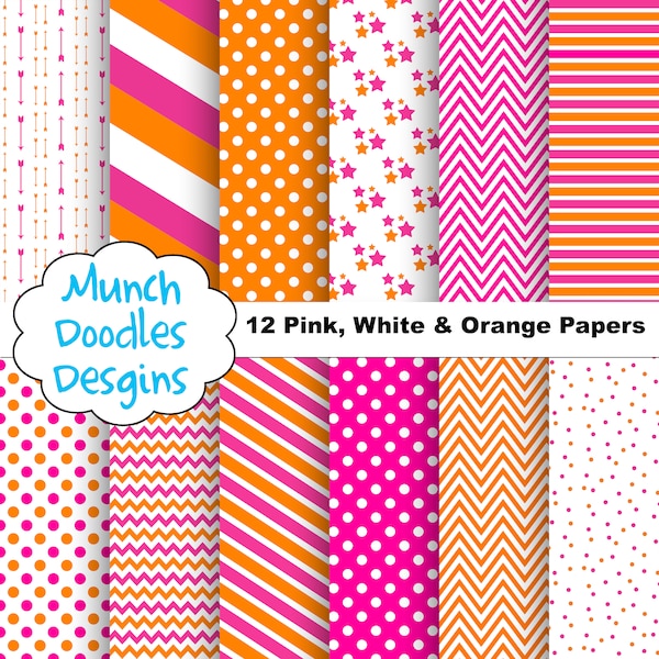 Pink and Orange Digital papers, Pink Orange White Paper, scrapbooking, Arrows, Polk Dots, Chevron, Stripes, Colorful backgrounds