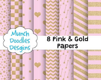 Pink and Gold Digital papers, Pink Gold Paper, Gold Glitter paper, scrapbooking, Sparkles , Arrows, Polk Dots, Chevron, Stripes