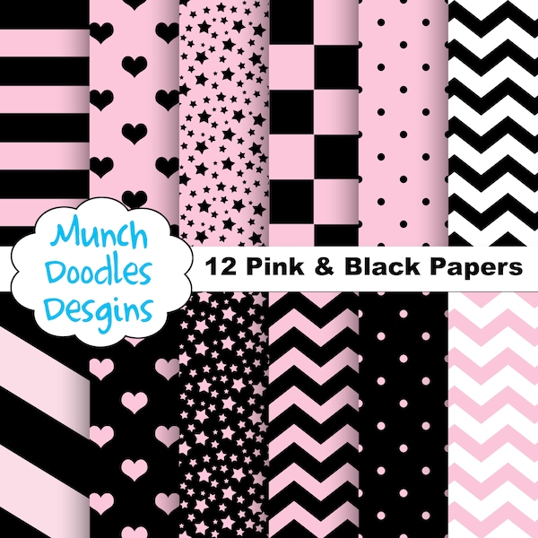 Pink and Black Digital papers, Pink Black Paper, scrapbooking, Sparkles , Stars, Polk Dots, Chevron, Stripes