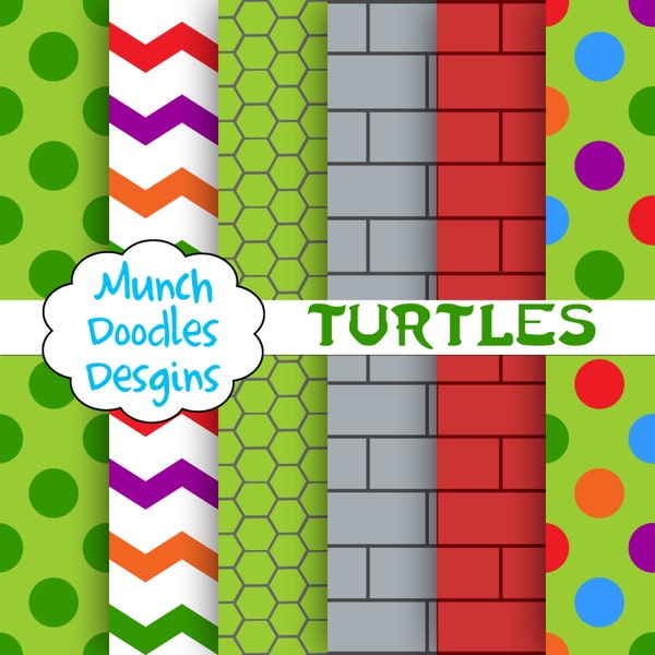 Turtles Digital Paper, Chevron, Brick, Green, Honeycomb, Pattern, Circle