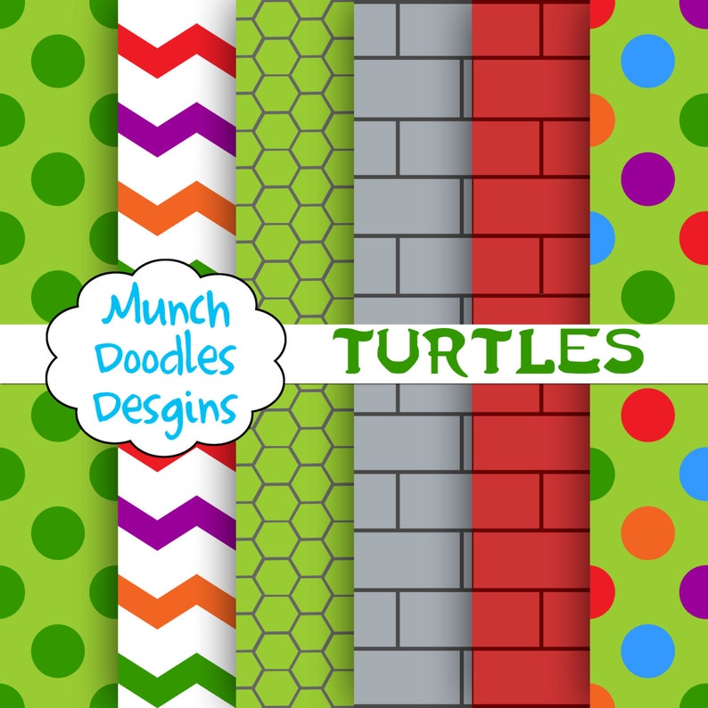 Turtles Digital Paper, Chevron, Brick, Green, Honeycomb, Pattern, Circle image 1