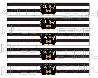 Little Man Baby Shower Water Bottle Labels, Black and Gold Baby Shower Water Bottle Labels, Oh Boy Baby Shower labels, Black White Stripes