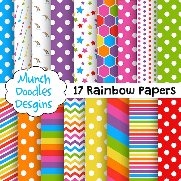 Rainbow Digital papers, Rainbow scrapbooking paper, Rainbow paper, Colorful party decor, Colorful patterns, Stripe, Polka, Chevron, Arrow