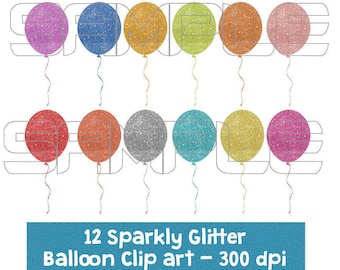 Digital Glitter Balloon Clipart, Sparkly Glittery Balloons, Colorful Balloons clipart, Birthday Clipart, Balloon Glitter Clip Art