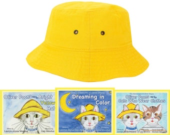 Book and Bucket Hat Gift Set with Oliver Poons & Friends - Kids Yellow Hat - Children's Hat - Children's Books - Kids Gift Set