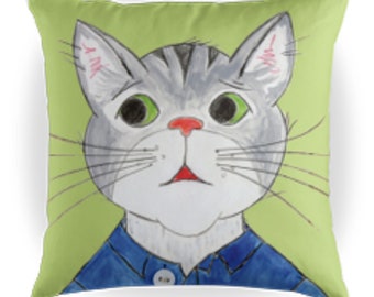 Toby the Cat - Kids Cat Pillow - Kids Throw Pillow - Green Background - 16 x 16 Children's Decorative Pillows - Kids Pillows