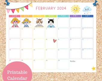 Oli Kids Co February 2024 Printable Calendar, Downloadable Calendar, Cat Calendar, Instant Download, Print at Home