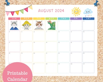 Oli Kids Co August 2024 Printable Calendar, Downloadable Calendar, Cat Calendar, Instant Download, Print at Home