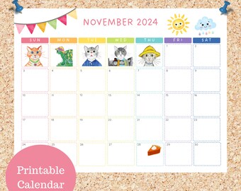 Oli Kids Co November 2024 Printable Calendar, Downloadable Calendar, Cat Calendar, Instant Download, Print at Home