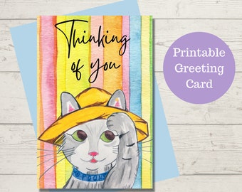 Oli Kids Co Thinking of You Printable Card, Greeting Card, Downloadable Card, Instant Download, Print at Home, Cat Card, Cat Illustration