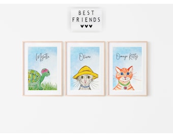 Set of 3 Oli Kids Character Wall Art Set - Printable Wall Art - Nursery Decor - Sky Blue Watercolor - Kids Room Decor - Animal Wall Art