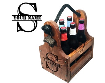 Personalized Beer Caddy with Cast Iron Bottle Opener soft Rope Handle and Magnetic Cap Catcher - laser engraved - Unique Christmas Gift idea