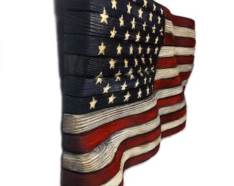 Waving Wood American Flag - Signature Series | Rustic Hand Carved Distressed  Red, White and Blue Wood Flag 9.75" x 18.5"