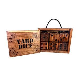 Yard Dice Set with 8 player dry erase Yardzee score sheet and 6 Lawn Dice, Giant Lawn Dice box set, Personalized Christmas Gift