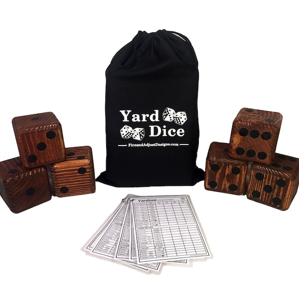 Yard Dice Giant Wooden Yard Game, 6 3.5 « Wood Dice, Sac de rangement, 5PK 5 « x7 » Yardzee et Yarkle Dry Erase Score cards Jumbo Wedding Game Idea