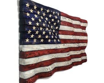 Waving Wood American Flag - Signature Series | Rustic Hand Carved Distressed  Red, White and Blue Wood Flag 19.5" x 37"