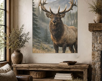 Majestic Bull Elk Canvas Print, Rocky Mountain Wildlife Wall Art, Rustic Cabin Decor, Mountain Lodge Elk Artwork