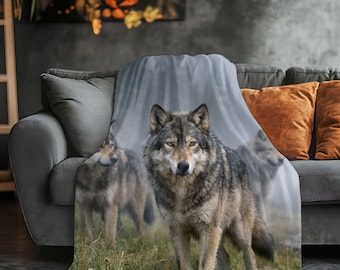 Wolf Sherpa Blanket, Rustic Cabin Throw Blanket, Wildlife Wolf Decor, Cozy Woodland Blanket for Wolf Lovers