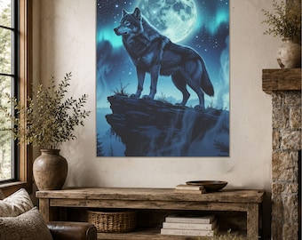 Wolf Under Moonlight Canvas Print, Northern Lights Wolf Wall Art, Full Moon Wildlife Decor, Rustic Cabin Artwork