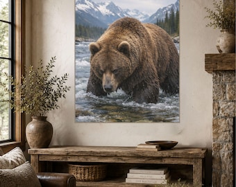 Bear in River Cabin Decor Canvas, Stretched Matte Wall Art | Rustic Cabin Decor
