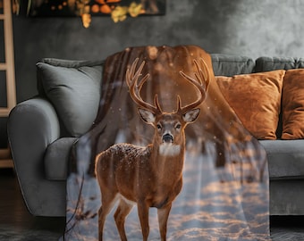 Majestic Deer Sherpa Blanket, Rustic Winter Woodland Throw, Cozy Cabin Deer Decor, Nature Lover Gift