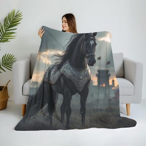 Sherpa Blanket - Horse in Armor Cozy Fleece Throw, Equestrian Gift, Medieval Knight Home Decor, Animal Lover Bedding, Horse Lover Present