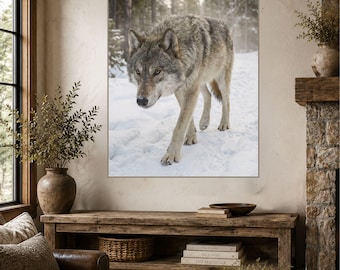 Gray Wolf Canvas Print, Winter Wildlife Wall Art, Snow Forest Wolf Decor, Rustic Cabin Artwork, Nature Canvas Print