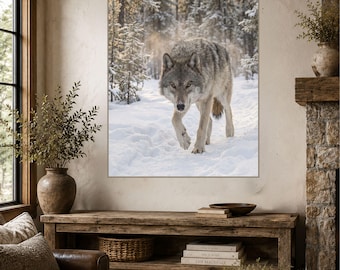Majestic Gray Wolf Canvas Print, Winter Wildlife Wall Art, Rustic Cabin Decor, Snow Forest Wolf Artwork, Lodge Canvas