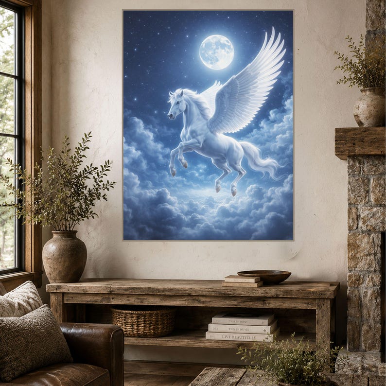 K&ouml;nnte beinhalten: Ein rechteckiger Wandkunstdruck, der ein wei&szlig;es gefl&uuml;geltes Pferd zeigt, das durch einen dunkelblauen Nachthimmel voller Sterne und einen Vollmond &uuml;ber einer dichten Schicht flauschiger Wolken fliegt, pr&auml;sentiert &uuml;ber einem Holzkonsolentisch.
