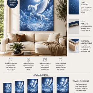 K&ouml;nnte beinhalten: Ein rechteckiger Leinwanddruck mit einem wei&szlig;en gefl&uuml;gelten Pferd, das durch einen dunkelblauen Nachthimmel mit Vollmond und Wolken fliegt. Die Produktdetails umfassen umwickelte Kanten, lichtbest&auml;ndige Tinte und einen 3,18 cm tiefen Holzrahmen.