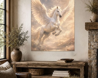 Pegasus Canvas Print, White Winged Horse Wall Art, Fantasy Horse Artwork, Celestial Home Decor, Mythical Horse Canvas