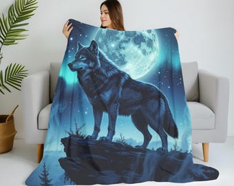 Sherpa Blanket, Wolf Under the Moon Design - Cozy Throw, Fuzzy Blanket, Animal Lover Gift, Home Decor, Unique Bedding, Winter Decor