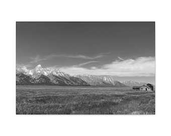 Lone Barn Beneath the Tetons Black and White Grand Teton Photography Wyoming Western Wall Art Rustic Mountain Print