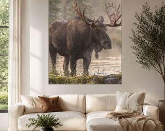 Majestic Bull Moose Canvas Print, Rustic Lodge Wall Art, Wilderness Wildlife Decor, Mountain Cabin Artwork, Moose Photography Print