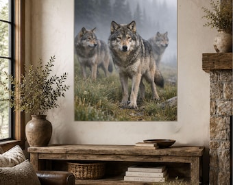Guardians of the Wilderness | Wolf Pack Canvas Print, Majestic Gray Wolves Wall Art, Rustic Cabin & Lodge Decor
