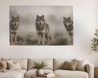 Wolf Pack Canvas Print, Majestic Gray Wolves Wall Art, Rustic Cabin Decor, Wildlife Artwork, Lodge Wall Decor