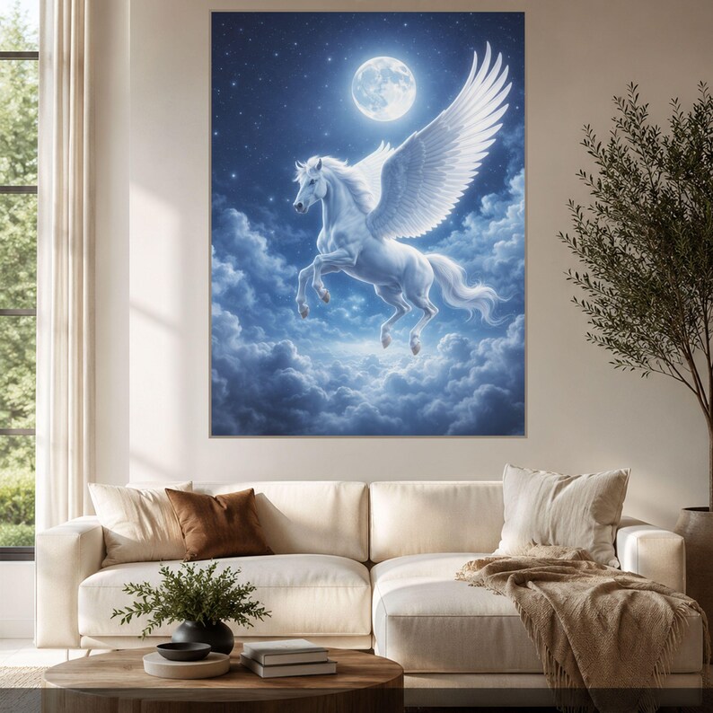 K&ouml;nnte beinhalten: Ein rechteckiger Wandkunstdruck, der ein wei&szlig;es gefl&uuml;geltes Pferd zeigt, das durch einen dunkelblauen Nachthimmel voller Wolken und Sterne fliegt, beleuchtet von einem gro&szlig;en, hellen Vollmond direkt &uuml;ber den ausgebreiteten Fl&uuml;geln.