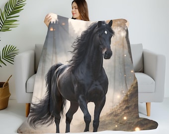Mystical Black Horse Sherpa Blanket, Gothic Fantasy Throw Blanket, Dark Academia Horse Decor, Cozy Western Cottagecore Bedding