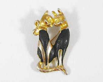 vintage Gold Tone & Black Cat Duo Brooch, MCM Cat Pin, Lapel pin, Office Pin, 1900s