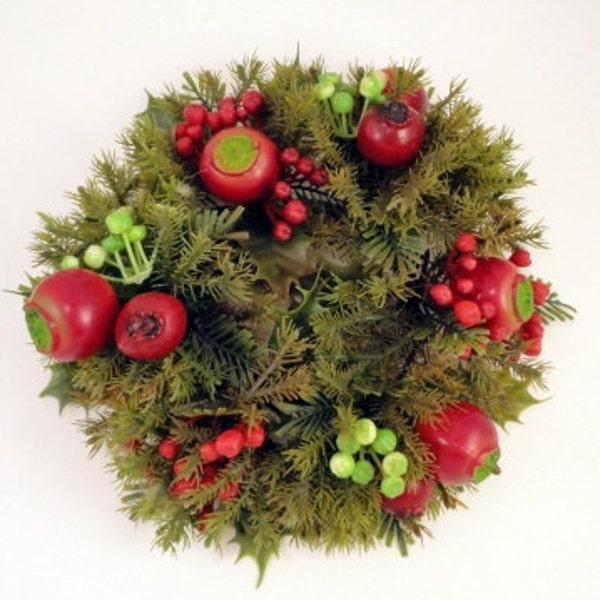 MED Holiday Candle Ring, Pomegranates, Holly, Asparagus Fern & Red Berries, Faux Foliage  Candle Decor,  Measures 8 inches