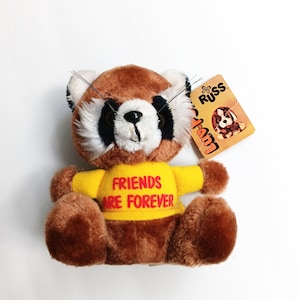 Luv-Pet No 607, &quot;Friends Are Forever&quot; Small Brown Racoon with Yellow Shirt  Russ Berrie 1979 Original Hang Tag VG Condition