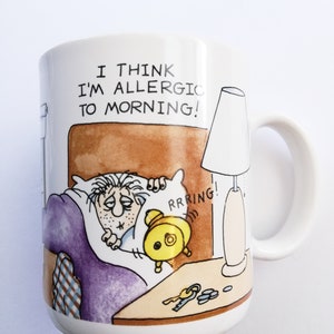 1980s Hallmark Smile Mug &quot;I think I&#39;m allergic to mornings&quot;&quot; Inside Joke, Grumpy Joke, Friend Gift, Gag Gift Smile Mug